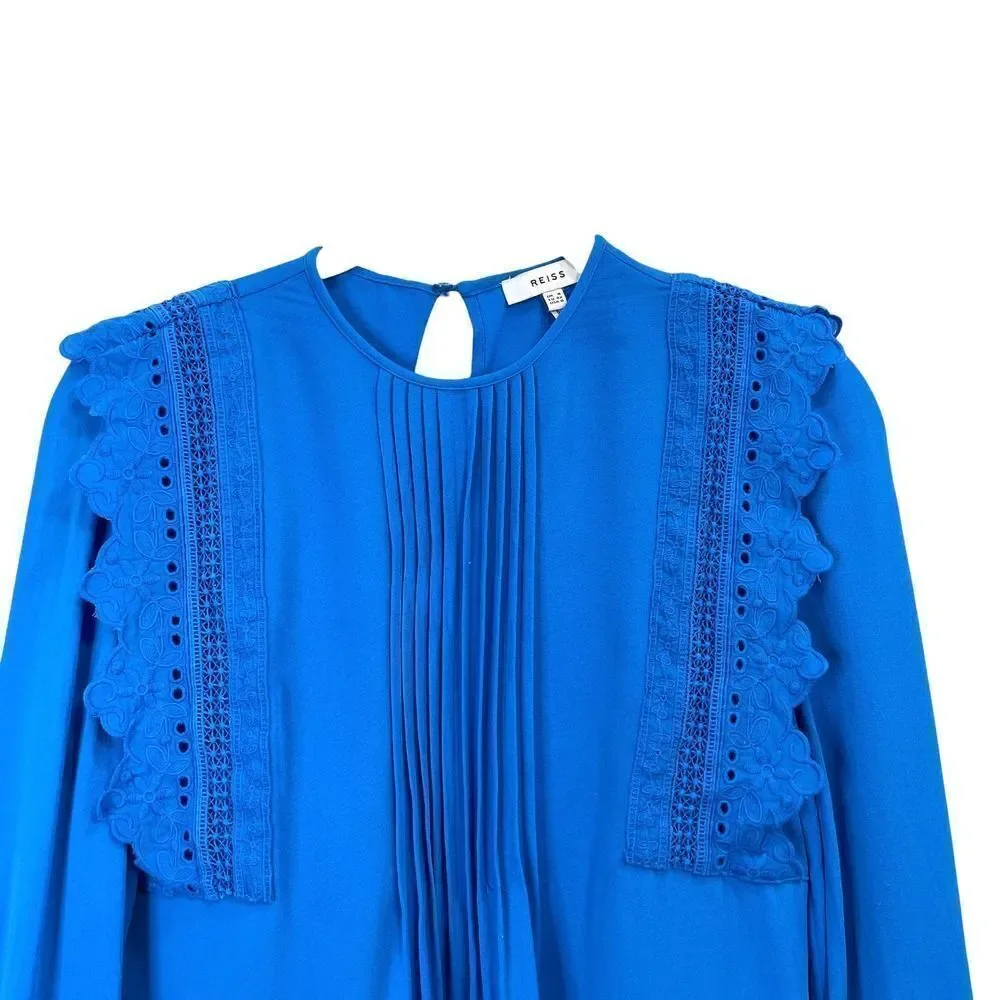 Reiss Bexley‎ Pleated Embroidered ruffle Crepe Blouse top Size 0 blue cerulian - Picture 6 of 12